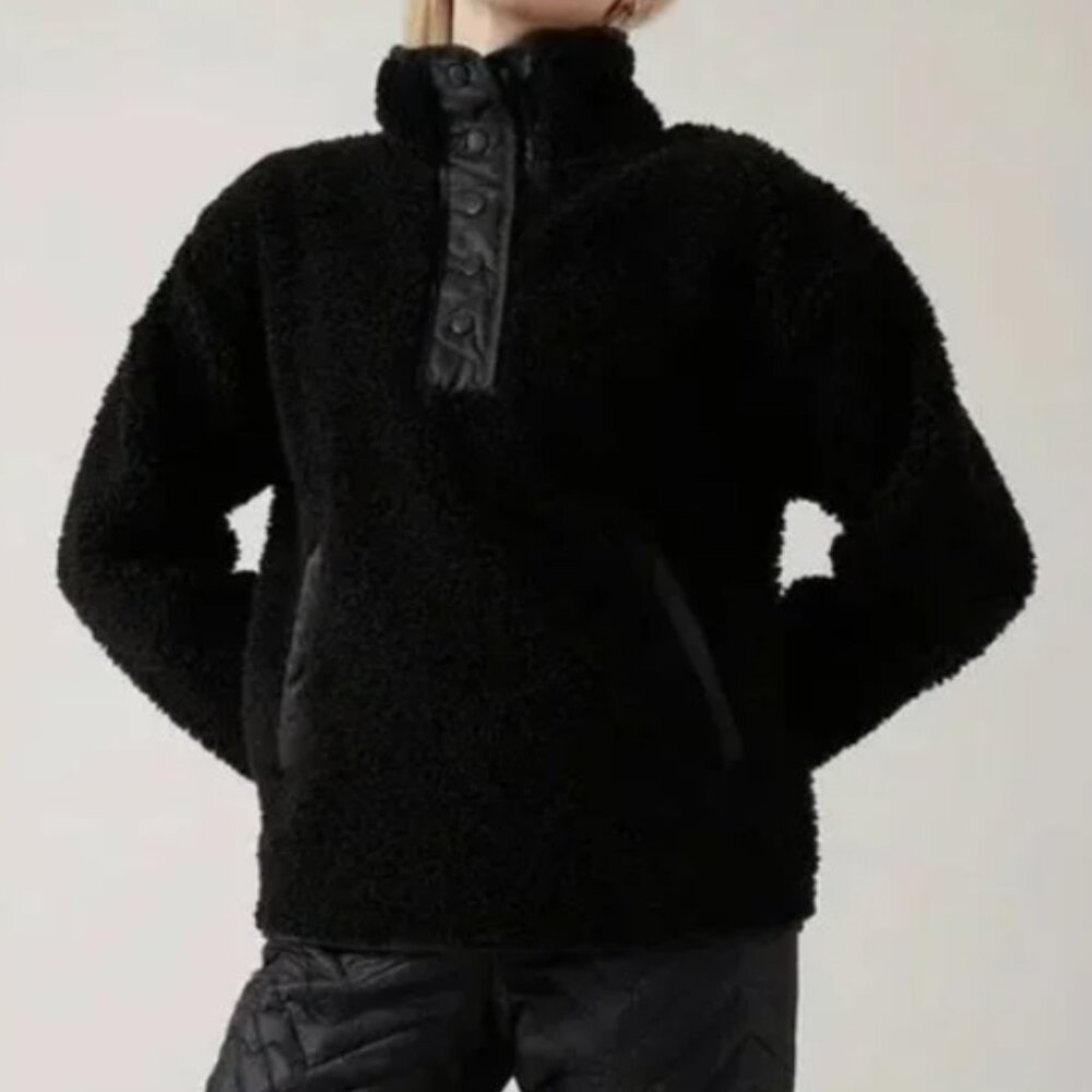 Athleta Cozy Snap Sherpa Pullover Sweatshirt, Relaxed Fit, Black - Womens XL